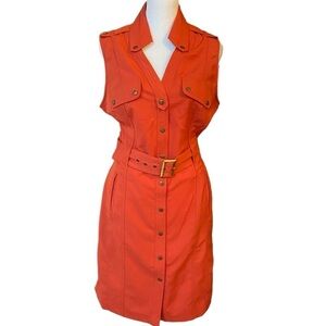 Sharagano Sleeveless Utility Dress Size 8 Fire Orange Snap Front Belted Teacher